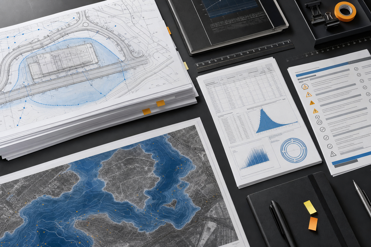 Technical compliance dossier with stormwater drawings and authority-style review documents