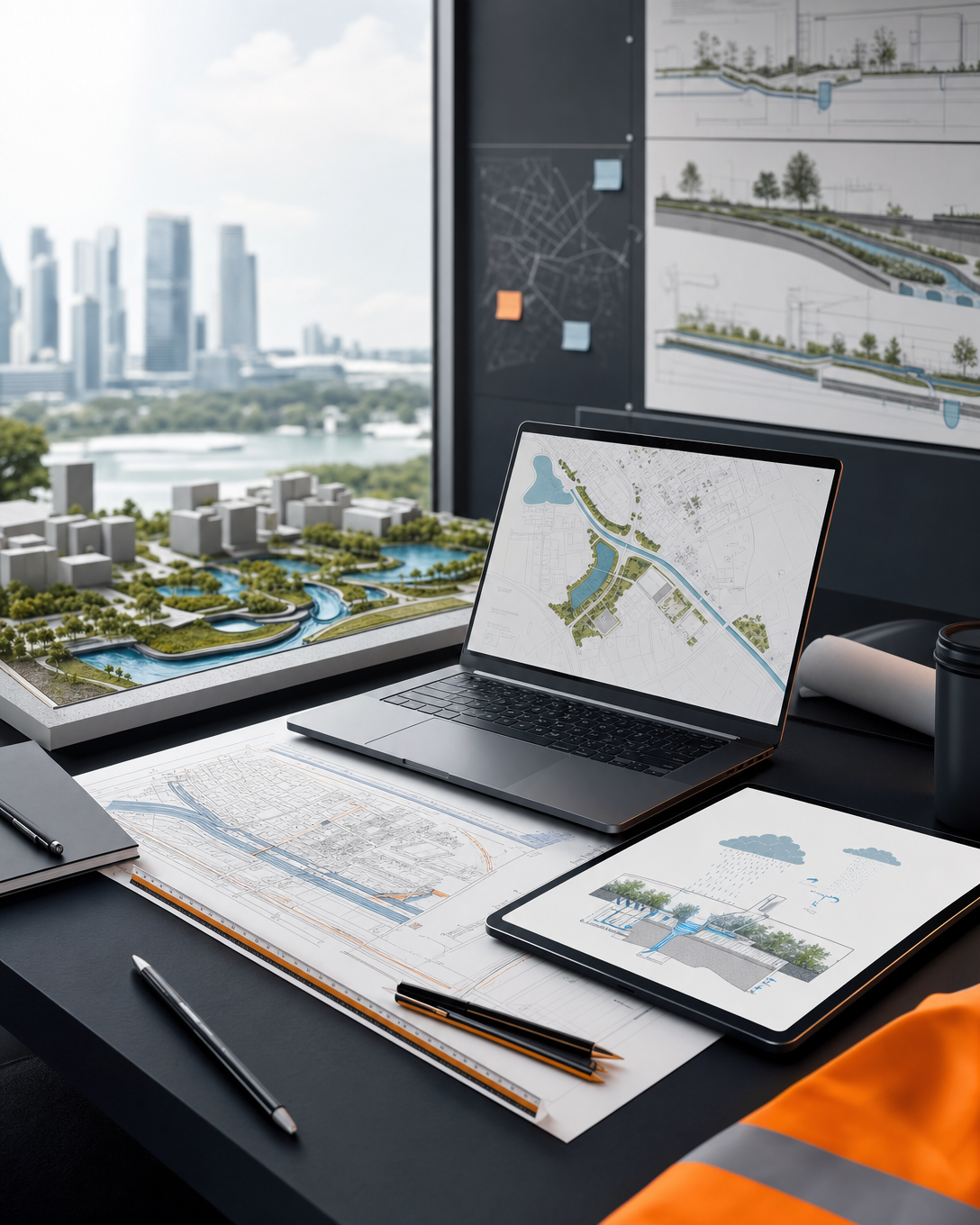 ABC Waters project assessment workspace with drainage drawings and urban water model